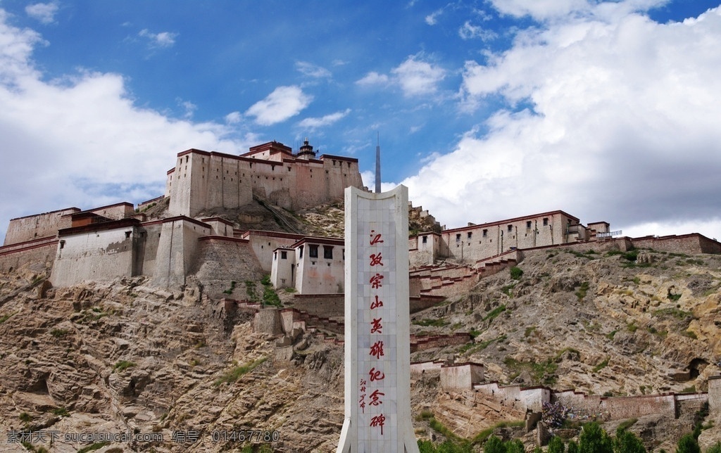 江孜宗山 英雄 纪念碑 西藏 山 房子 蓝天 白云 树 国内旅游 旅游摄影