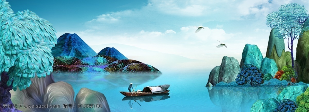 蓝色 手绘 新 中式 夏季 山水 湖泊 背景 新中式 回归自然 户外背景 树木 渔船