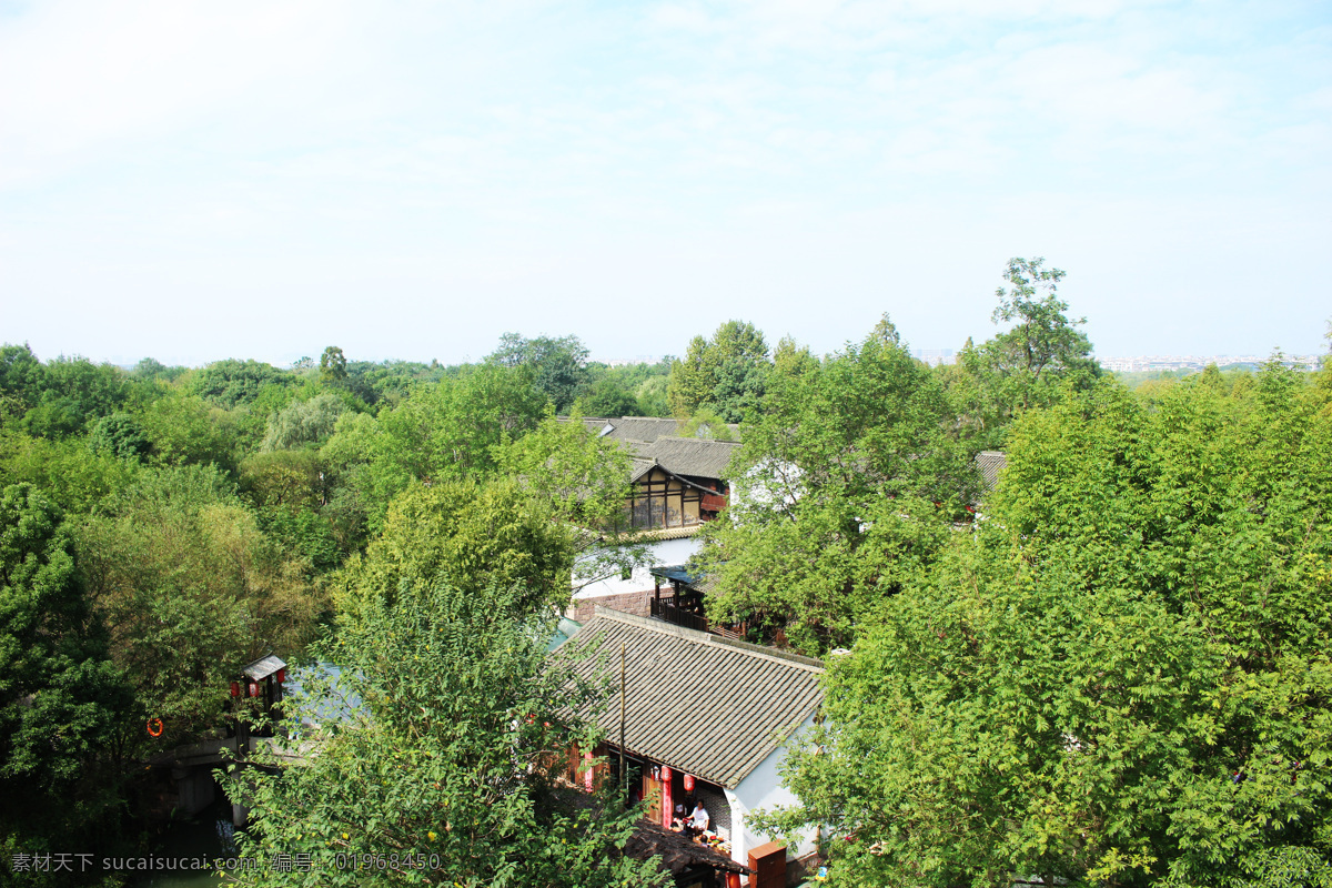 风光 自然风光 西溪湿地 杭州 屋顶 鼓楼 塔 黑瓦白墙 绿树 古建筑 远景 旅游摄影 国内旅游