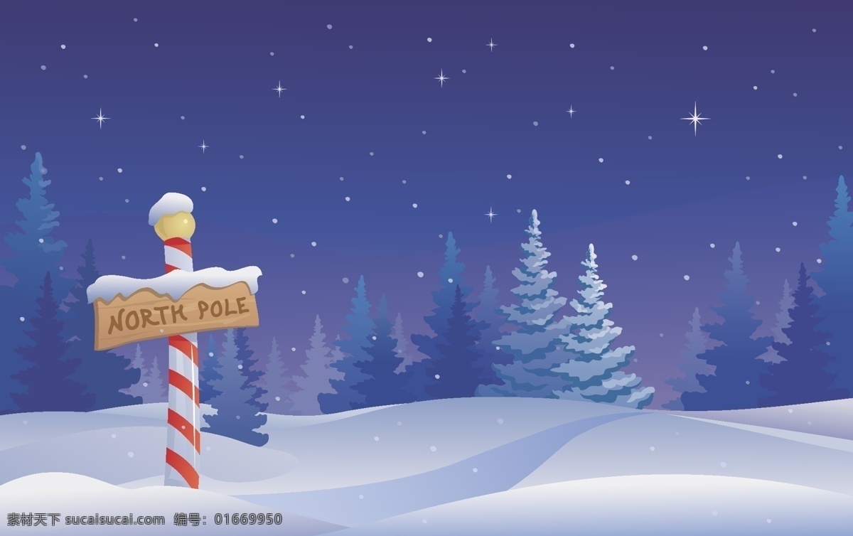 精美 雪夜 原野 插画 冬季 路牌 木牌 矢量图 松树 星光 星空 雪景 夜晚 其他矢量图