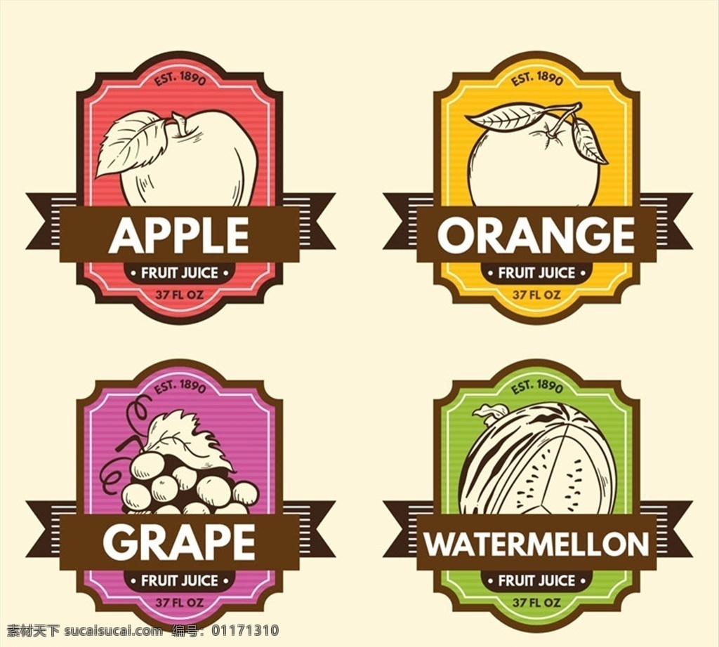 款 创意 水果 果汁 标志 矢量 苹果 葡萄 西瓜 橙子 苹果汁 葡萄汁 西瓜汁 橙汁 标志图标 公共标识标志