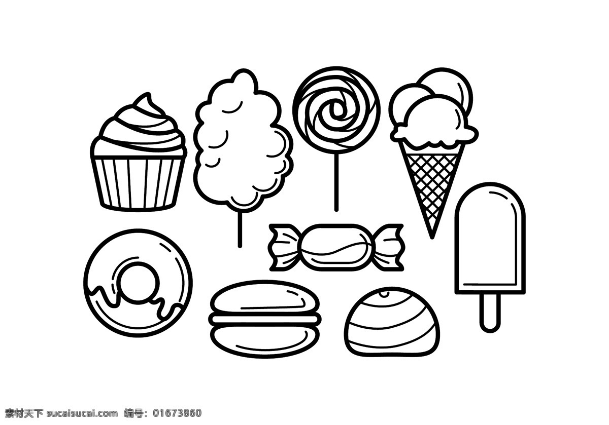 手绘 线性 美食 甜点 图标 手绘美食 矢量素材 食物 手绘食物 美食图标 美食插画 甜品 甜甜圈 蛋糕 冰淇凌 糖果 面包
