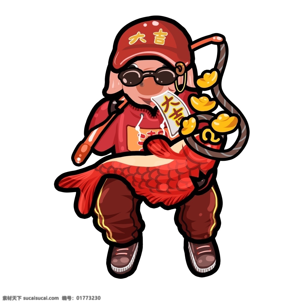 潮 猪 锦鲤 贺岁 插画 元素 红色 喜庆 金元宝 手绘 潮猪 春节元素 新年元素 猪年元素 2019 年