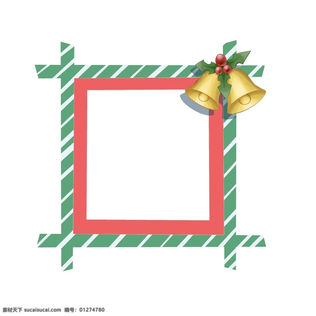 圣诞节 铃铛 边框 插画 红色的圣诞树 绿色的边框 可爱的边框 绿色的叶子 手绘 黄色的铃铛