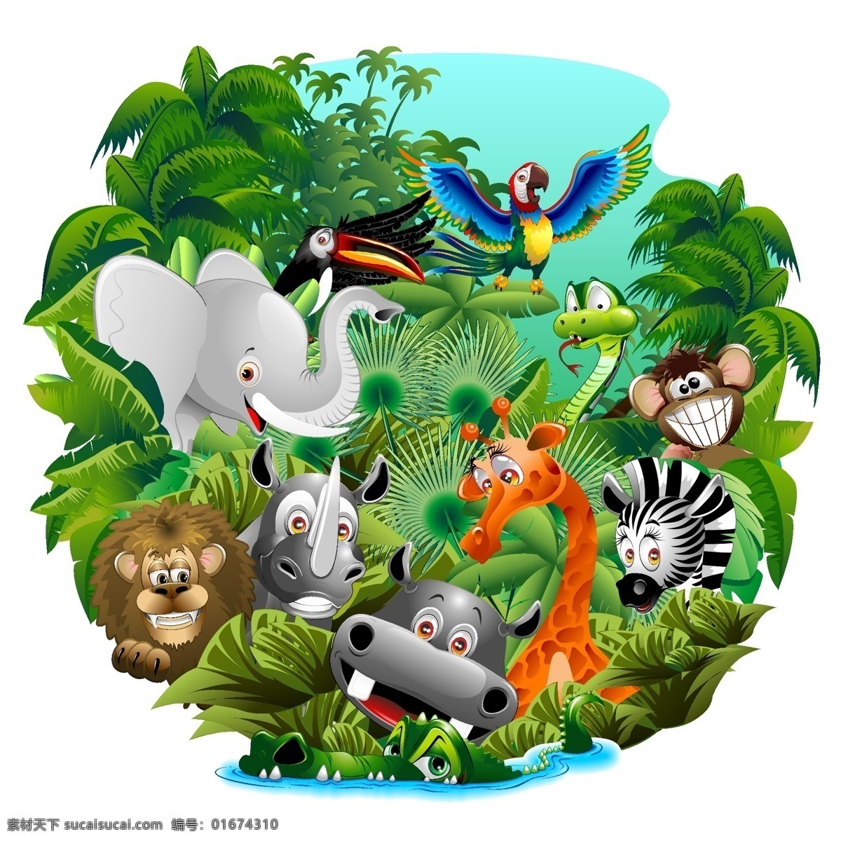 森林 里 动物 聚会 插画 卡通 可爱 绿色 大象 狮子 长颈鹿