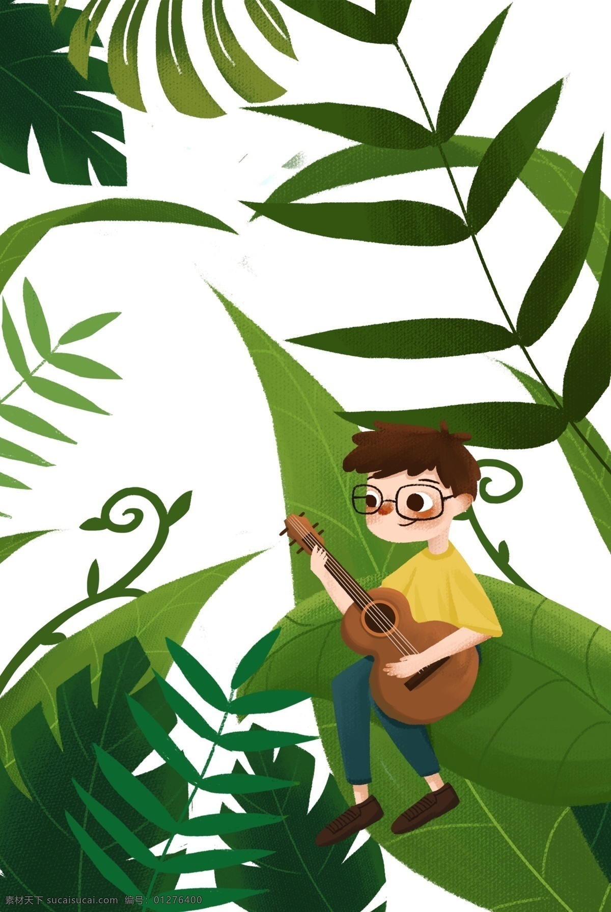 手绘 卡通 植物 包围 小 男孩 元素 弹吉他的少年 可爱的少年 卡通风格 可爱风格 弹吉他 乐器 人物 吉他 彩色 音乐 叶子 绿叶