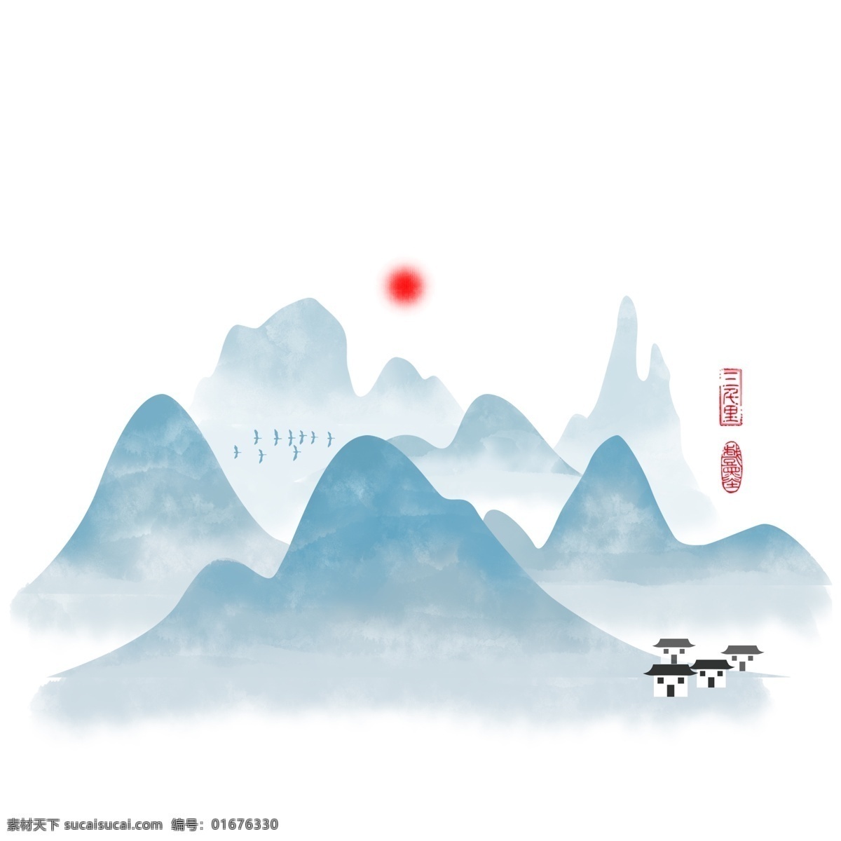 手绘 中国 风 水墨 远山 飞鸟 落日 古典 商用 元素 中国风 插画 印章 装饰画 商业 古风 优美 水墨山 群山 村落 简约