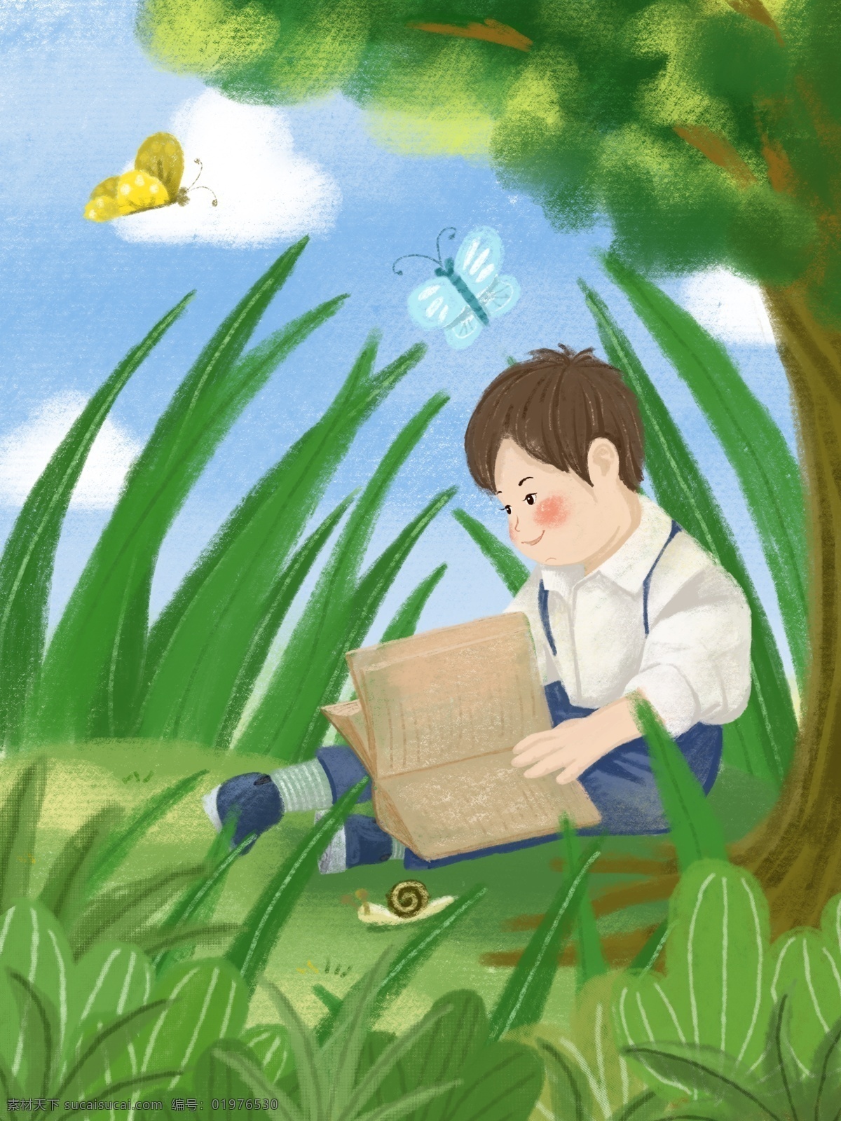 儿童节 小 男孩 树下 看书 清新 蜡笔 原创 插画 儿童插画 小清新 手绘 可爱