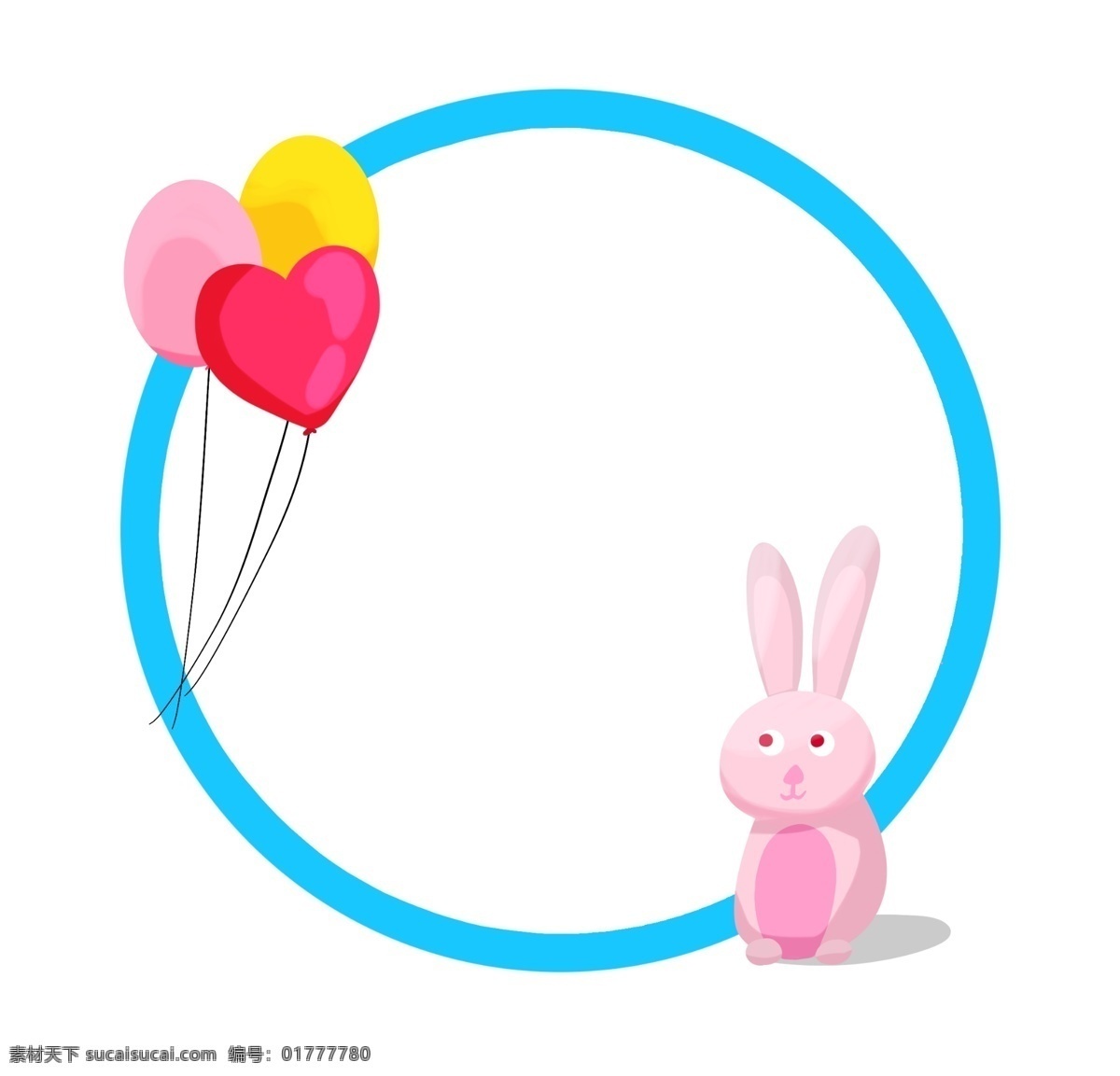 蓝色 小 兔子 边框 插画 红色的气球 手绘兔子边框 圆形兔子边框 桃心气球边框 漂亮