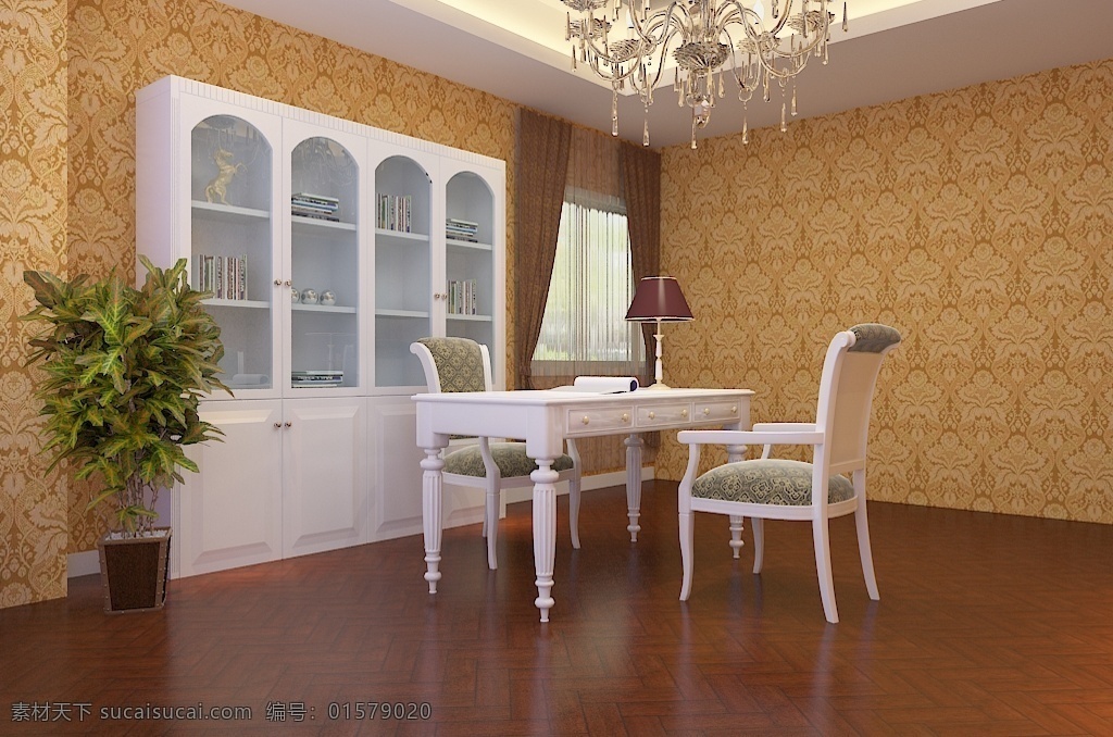 欧式 书房 装修 效果图 现代 木地板 盆栽 简约风 书桌