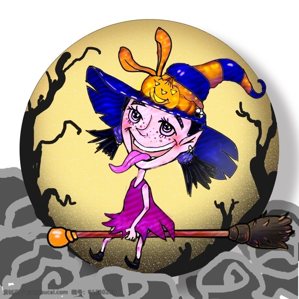 手绘 万圣节 魔女 场景 免 扣 商用 云 帽子 月亮 月球 女巫 万圣节装扮 诡异 树 扫把 透明 底 小