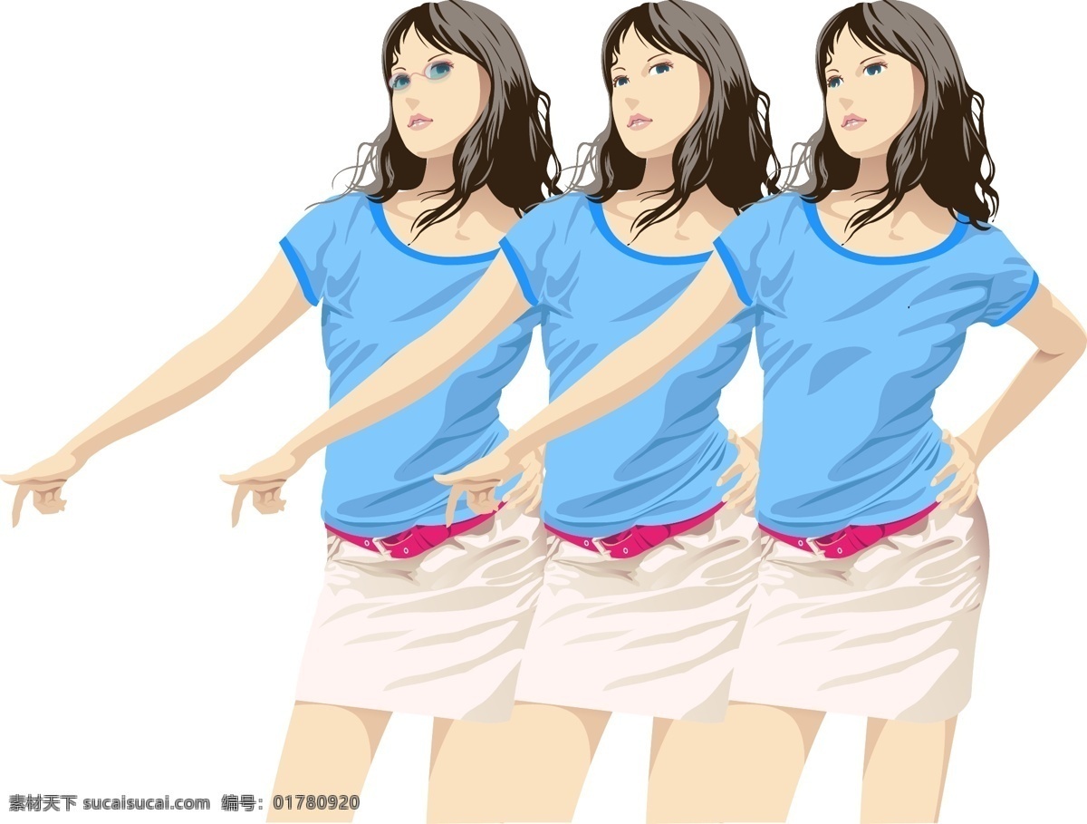 高精 写实 矢量 人物 长发 短裙 韩国矢量人物 韩国素材 卷发 美女 女孩 手势 眼镜 三 种 不同 表情 变化 女人 高傲 手插腰 矢量图