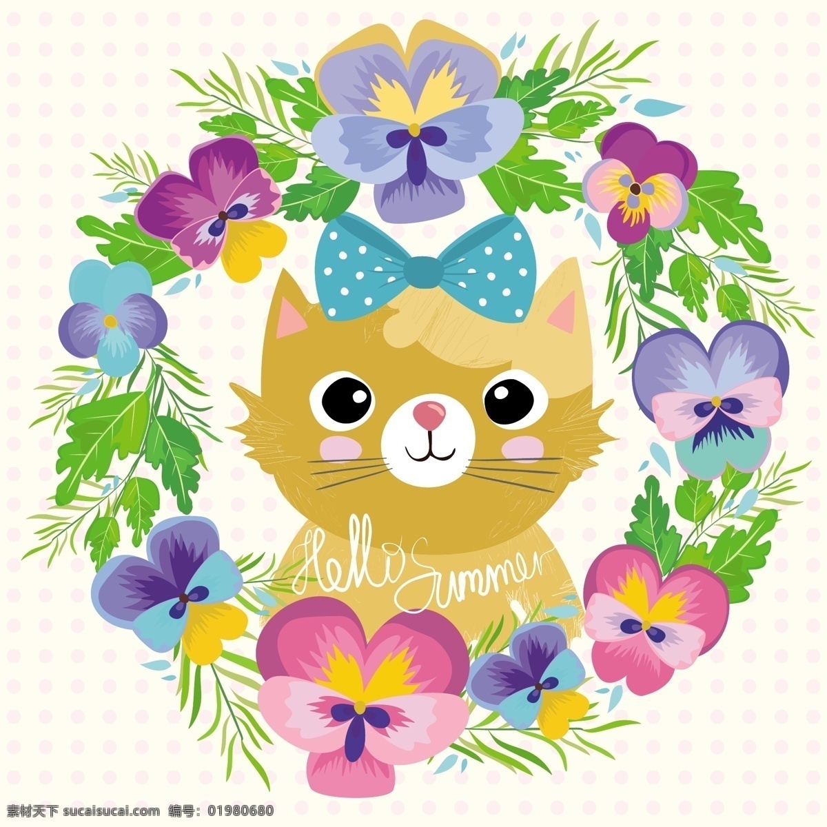 可爱 卡通 猫咪 矢量 狐狸 矢量素材 矢量图 动漫 动物 蝴蝶结 小猫 花朵 白色