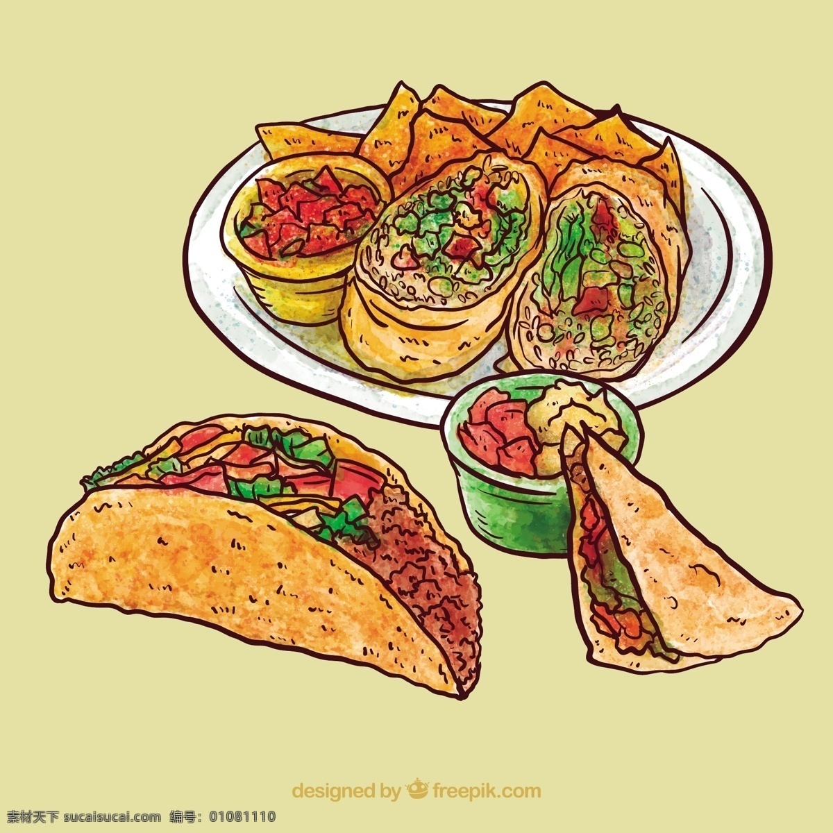 手绘 墨西哥 菜 玉米饼 食物 菜单 手 餐馆 鸡肉 绘画 蔬菜 吃 番茄 辣椒 餐 画 墨西哥菜 碟子 草图