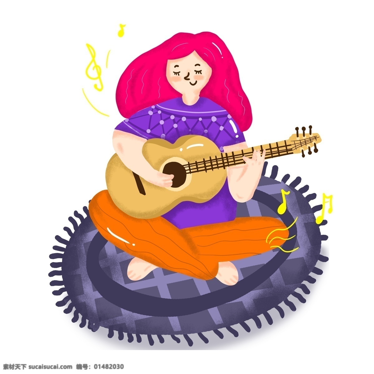 卡通 手绘 弹 吉他 女孩 源文件 卡通手绘 插图 插画 弹吉他的女孩 女生 音符 地毯 少女 可爱 温馨 长发