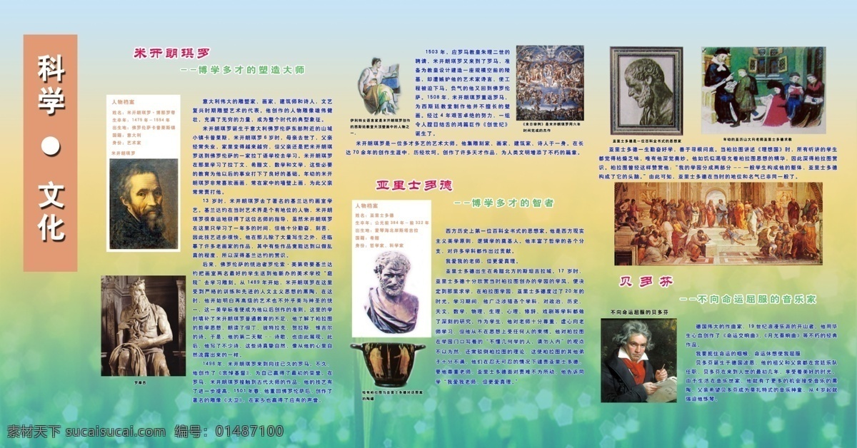 故事 广告设计模板 简介 科学家 名人 人物画像 校园文化 科学文化 走廊文化 学生 米开朗琪罗 亚里士多德 贝多芬 作品 音乐家 塑造师 展板 源文件 矢量图 现代科技