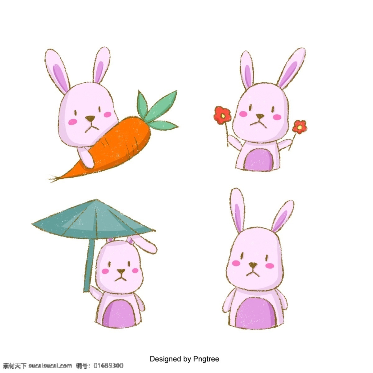 可爱 的卡 通 粉红 兔子 矢量 卡通 动物 情绪 粉色 胡萝卜 哺乳动物 花 荷叶
