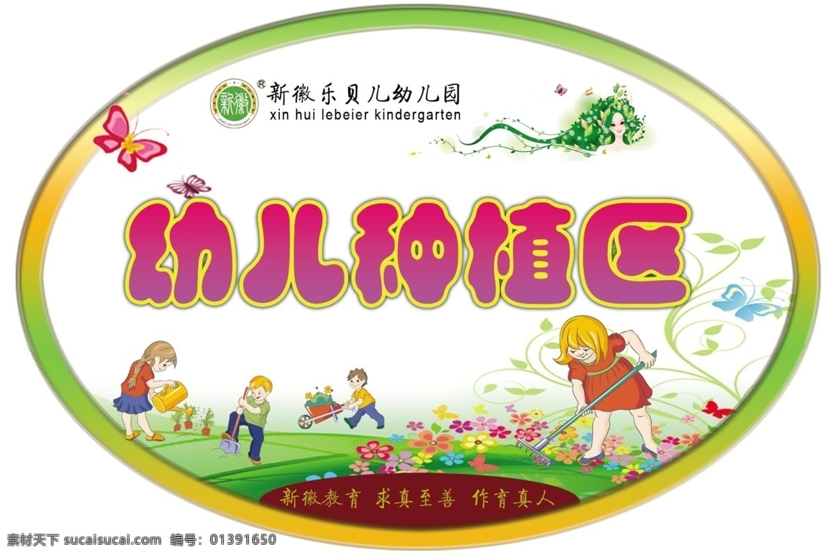 幼儿园 种植园 标牌 卡通画 小朋友 劳动 椭圆 绿色 幼儿园菜地 生活百科