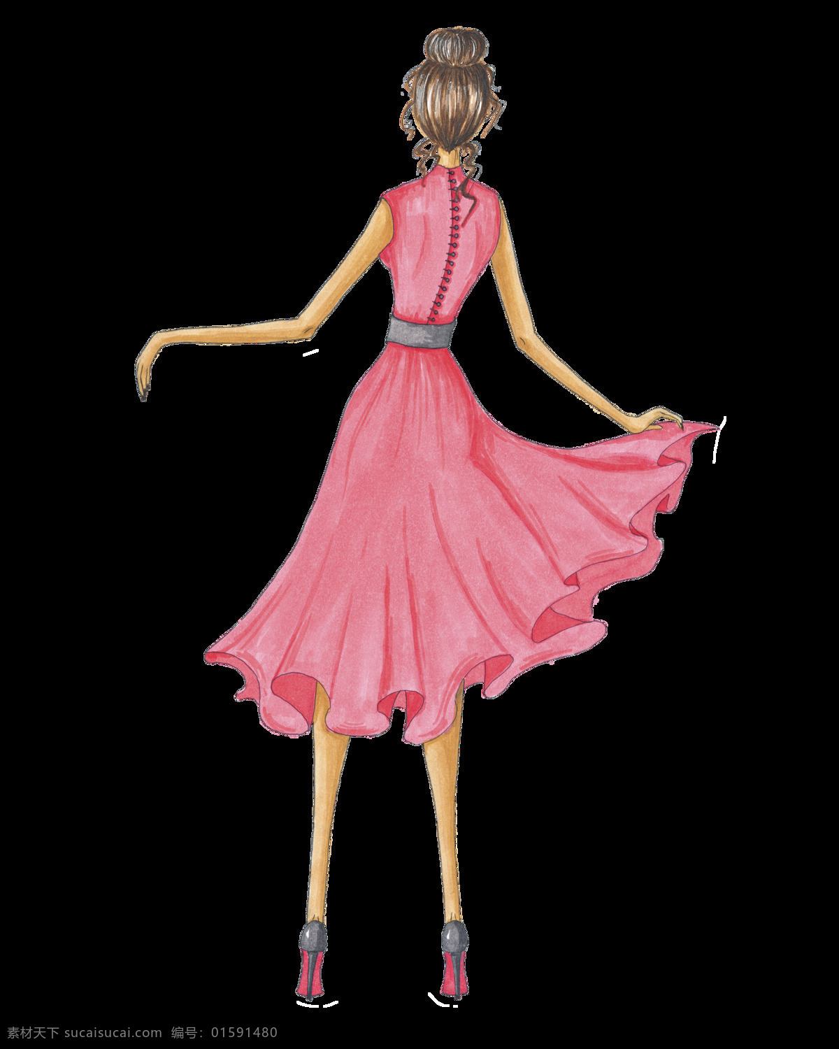 少女 背影 透明 装饰 手绘 粉色 裙子 矢量素材 设计素材