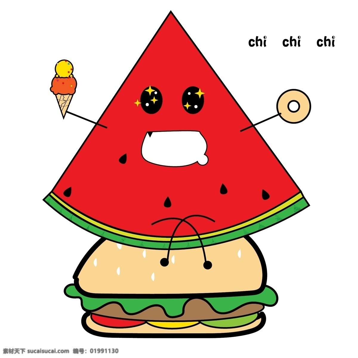 红色 卡通 可爱 风格 西瓜 水果 图标 面包 汉堡包 拟人水果 扁平化图标 食物图标 卡通水果手账 可爱水果贴纸