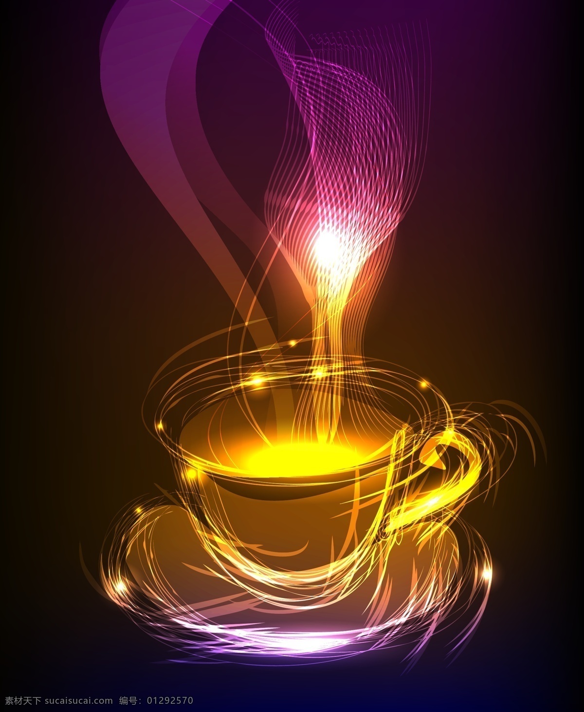 超酷 幻彩 光线 图形 杯子 背景 黑色 咖啡杯 浪漫 梦幻 矢量素材 烟雾