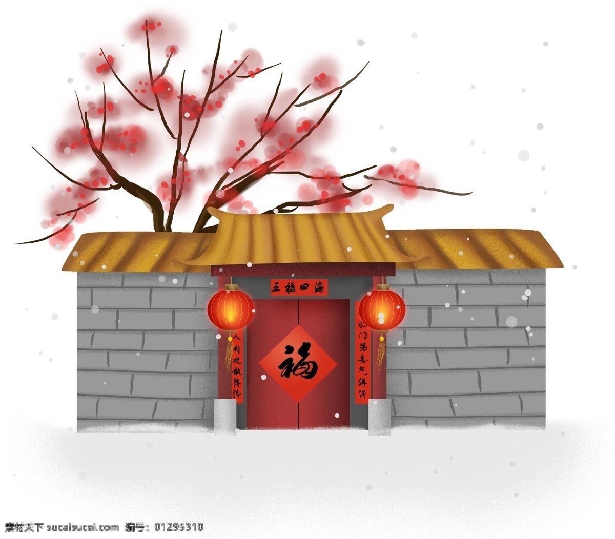 中国 风 新年 传统 中式 大门 中国风 古风 梅花 梅树 梅花树 灯笼 福字 对联 贴对联 中式大门 红灯笼 雪地 过年