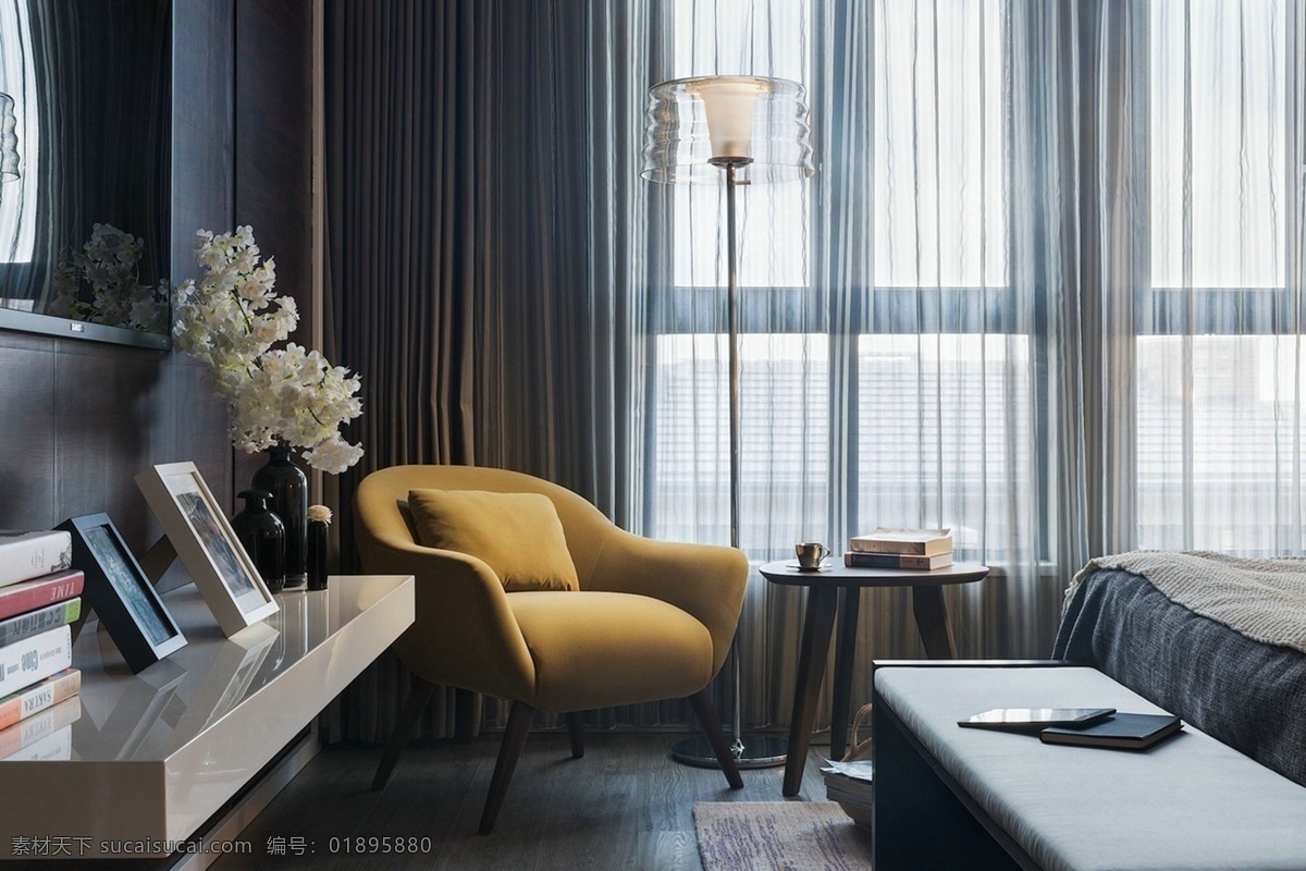 现代 沉稳 客厅 黄色 沙发 室内装修 效果图 薄纱窗帘 客厅装修 木地板