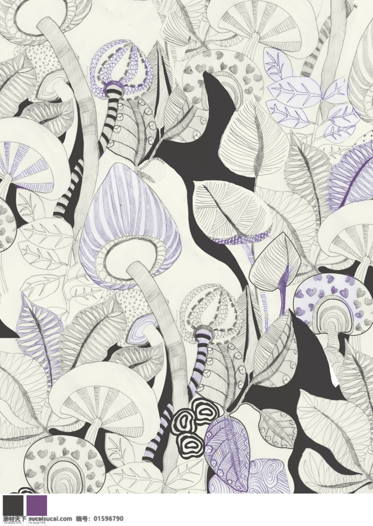 蘑菇 热带丛林 叶子 图案 素描 印花 分层 人物风景设计 源文件库