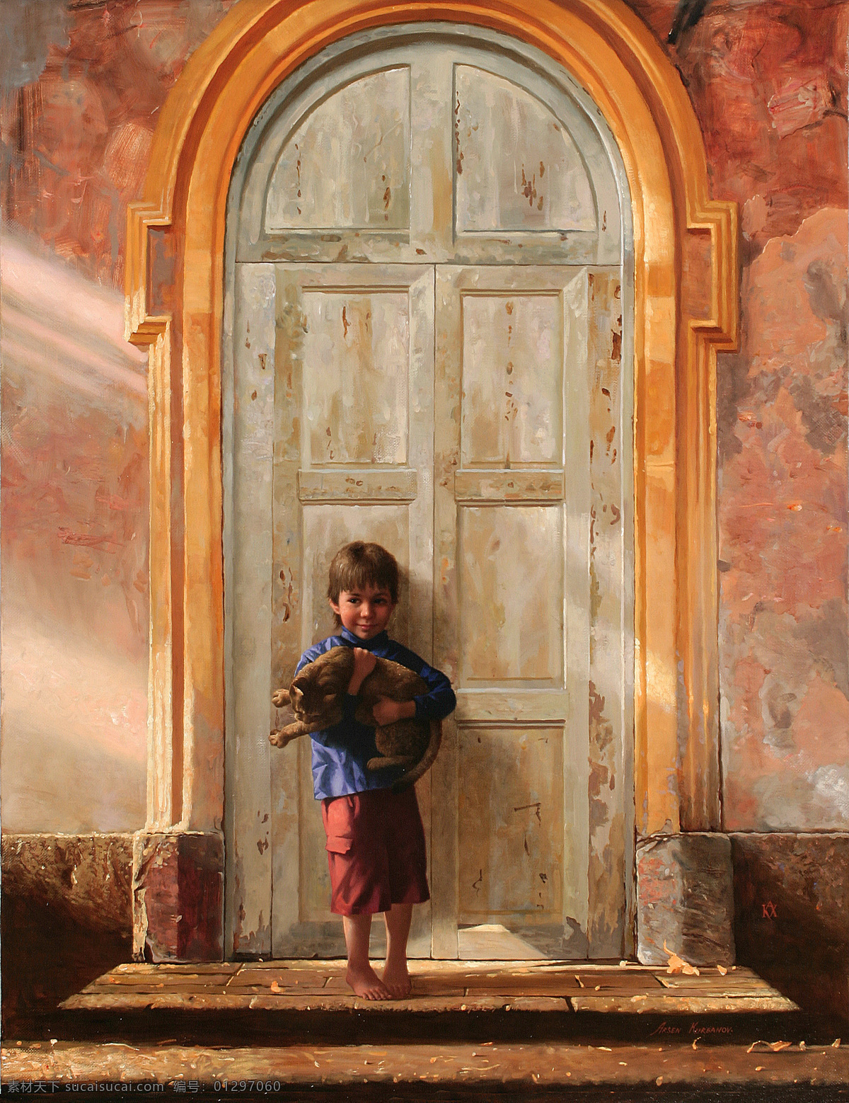 大门 前 抱 小狗 小 男孩 油画 拱形大门 抱着小狗 小男孩 绘画 文化艺术 世界名画 书画文字