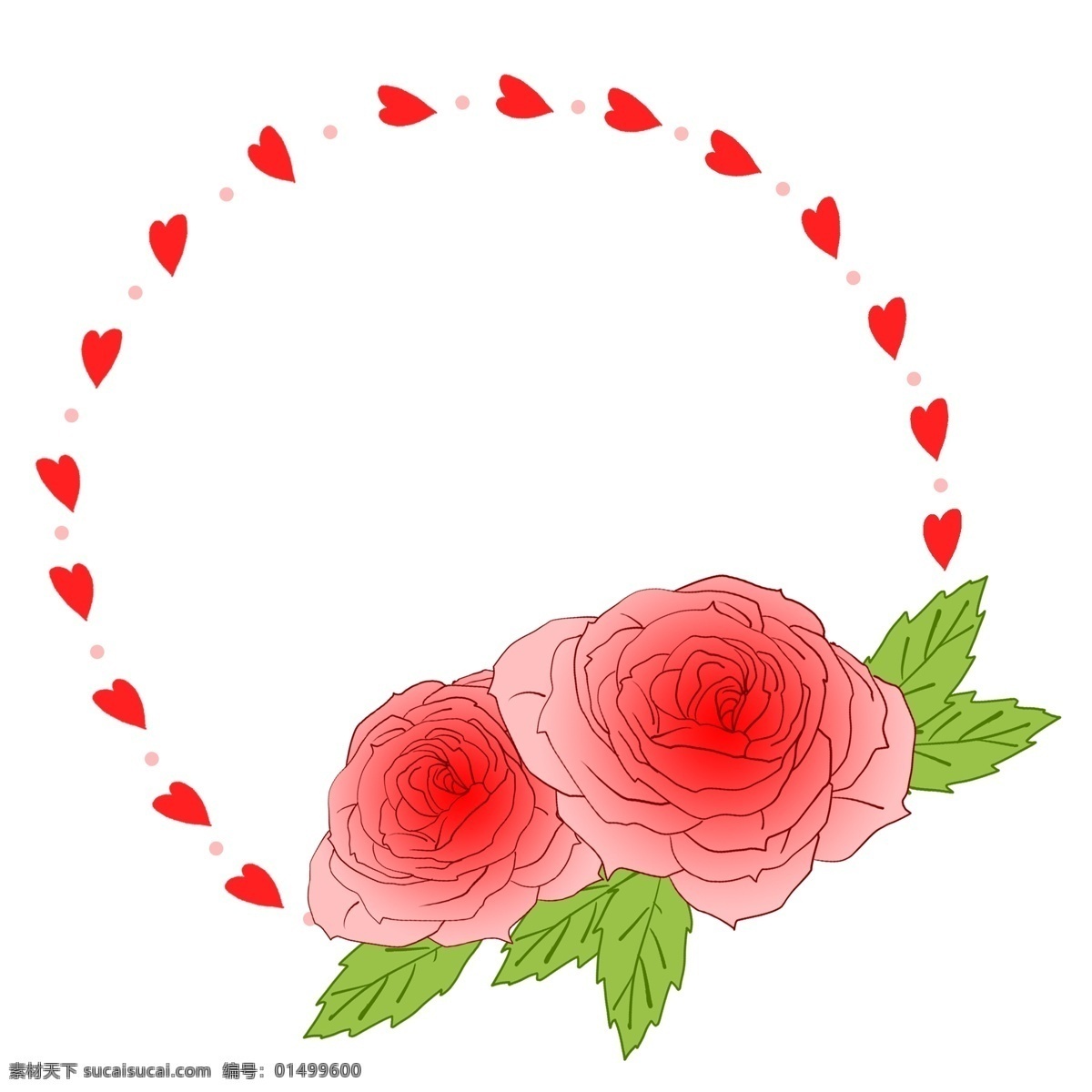 红色 爱心 边框 插画 心形边框 爱心边框 粉色花朵 鲜花 红色边框 红色爱心 爱心花环 绿色的叶子 花朵装饰 心形边框插画
