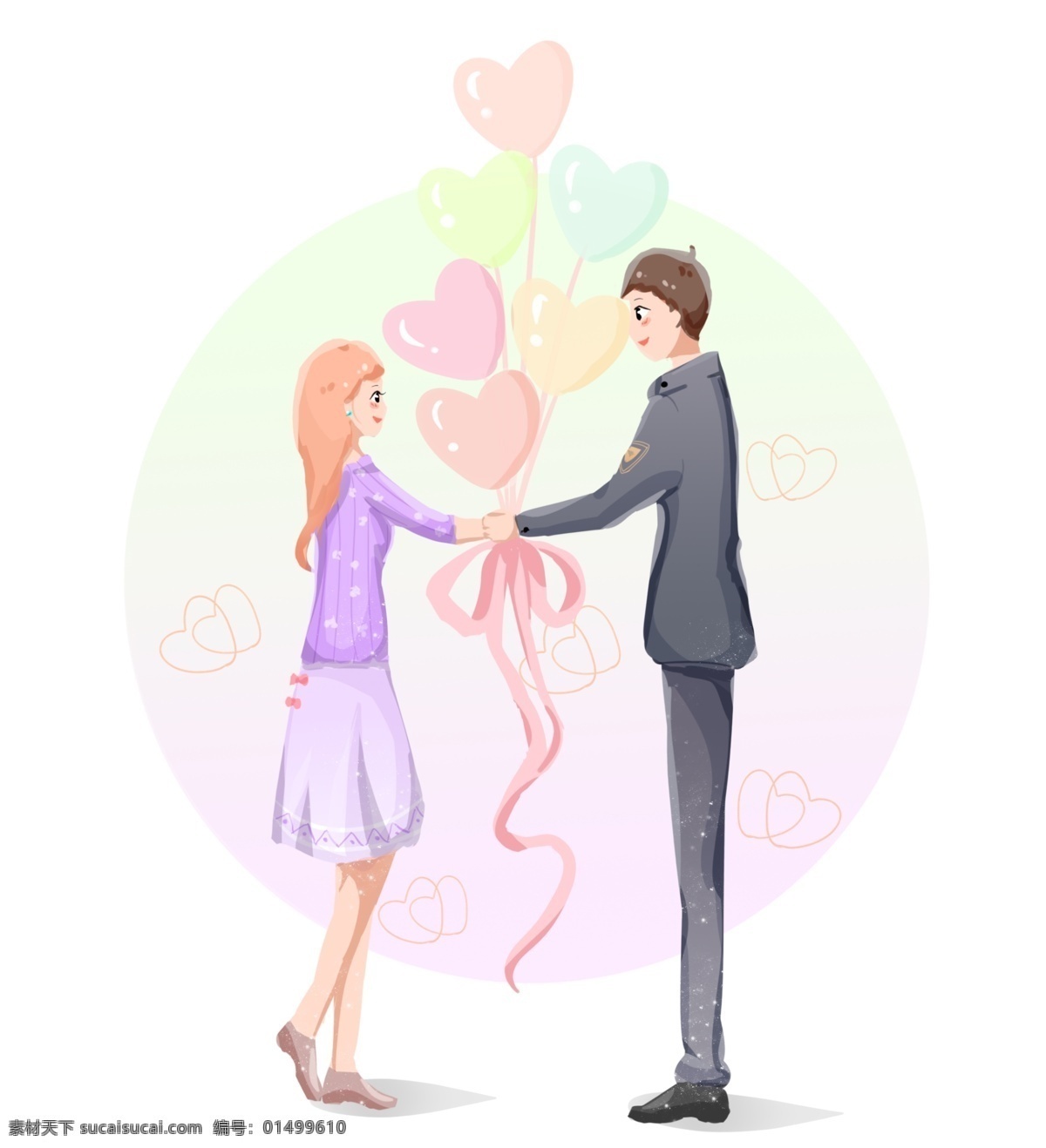 情人节 人物 气球 插画 飘着的气球 卡通人物 粉色的蝴蝶结 粉色的气球 恩爱的情侣
