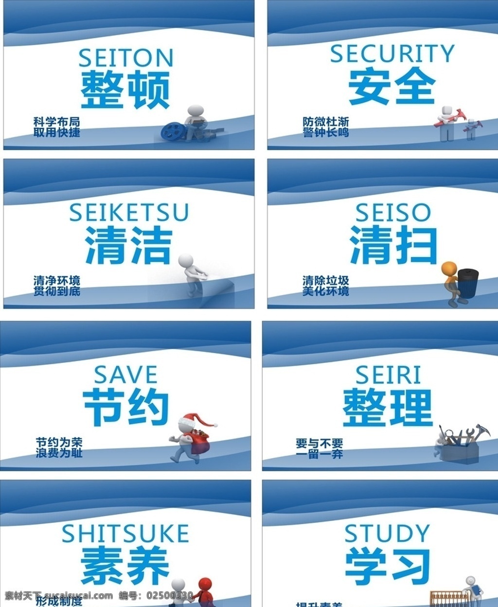 公司8s 卡通小人 蓝色渐变 节约 整理 整顿 安全 清洁 清扫 学习 素养 展板模板