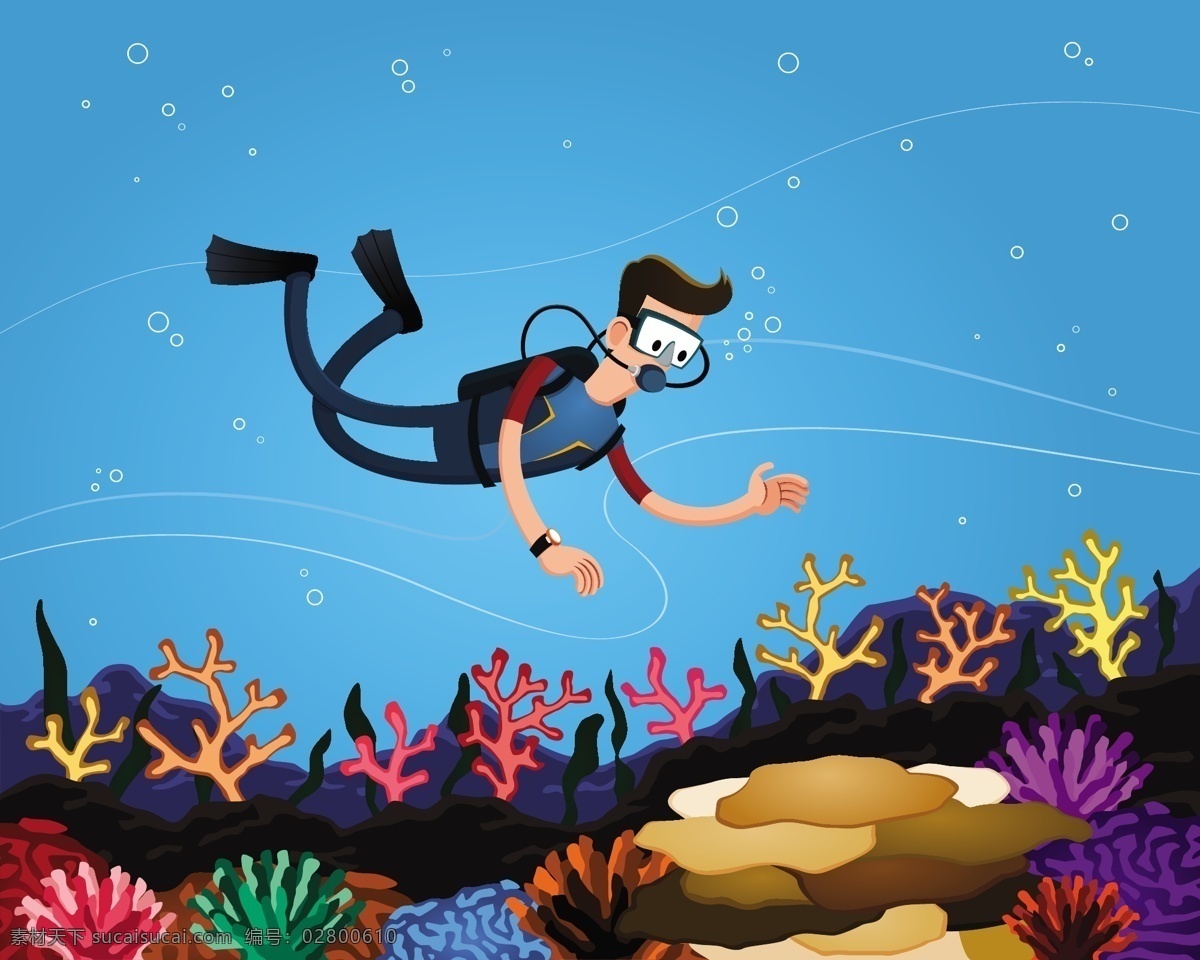 海底 潜水 潜水员 卡通潜水员 潜水运动 职业 卡通插画 体育运动 生活百科 矢量素材 青色 天蓝色