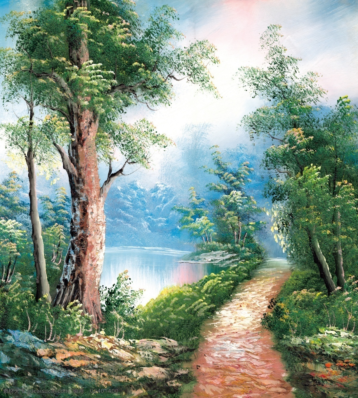 童话 世界 油画 大树 湖 绘画书法 梦境 童话世界 小路 七彩世界 家居装饰素材
