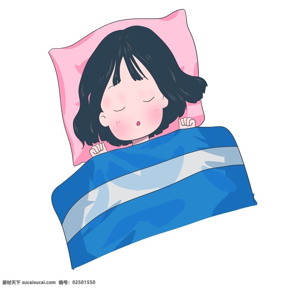 熟睡 的卡 通 女孩 插画 睡觉 睡眠 熟睡的女孩 卡通女孩插画 红色 枕头 蓝色 被褥 插图 睡觉的女孩