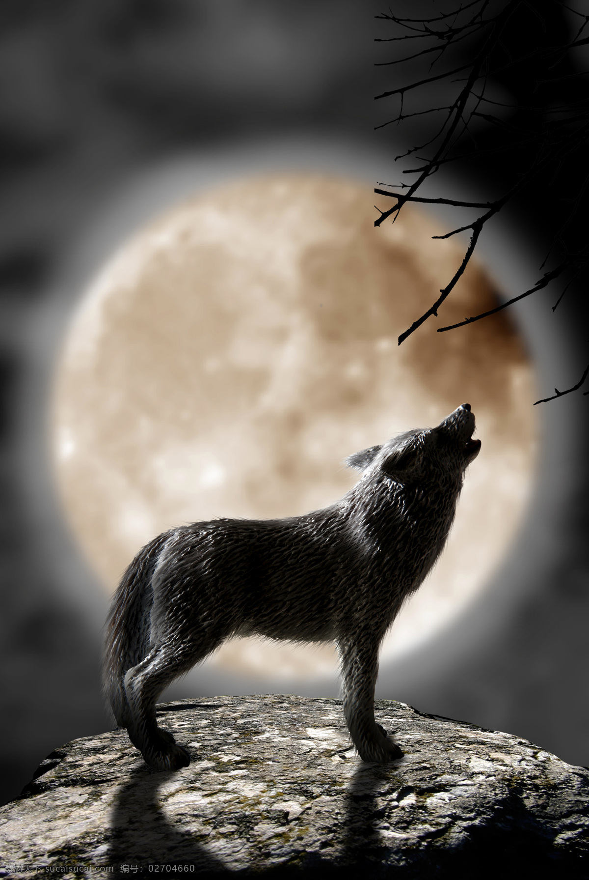 夜晚 仰天长啸 狼 皎洁 月亮 圆月 月光 狼人 狼叫 狼嚎 星空 树枝 森林 森林之王 场景设计 景观设计 环境设计