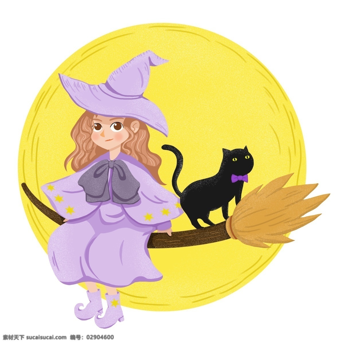 万圣节 骑 扫把 上 女巫 黑猫 月亮 插画 可爱卡通 免抠图 装饰图案