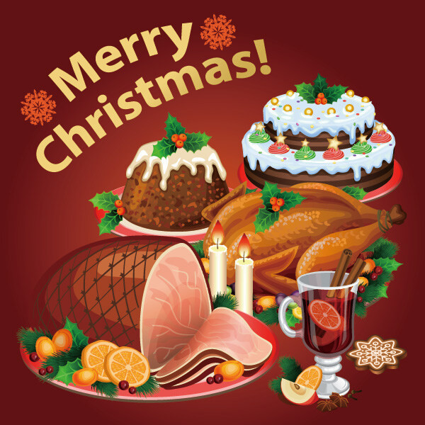 手绘 圣诞节 美食 海报 分层 圣诞节元素 merrychristmas 圣诞节美食 蛋糕 面包 火鸡 饮料 红色