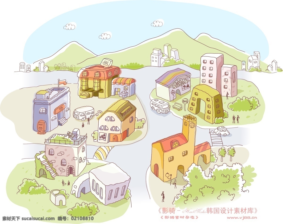 线条 城市 风景 hanmaker 韩国 设计素材 库 线条城市风景 卡通 漫画 手绘 矢量图 建筑家居