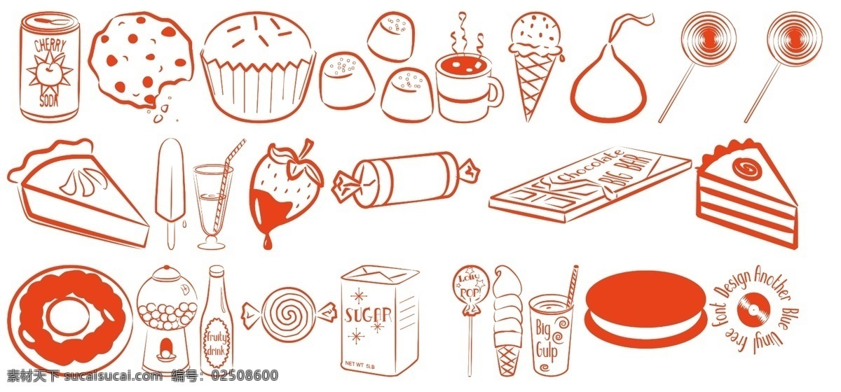 食品元素 牛奶 三明治 棒棒糖 蛋糕 糖果 点心 果汁 可乐 冰激凌 草莓 矢量图 卡通图 线条图 图标 分层
