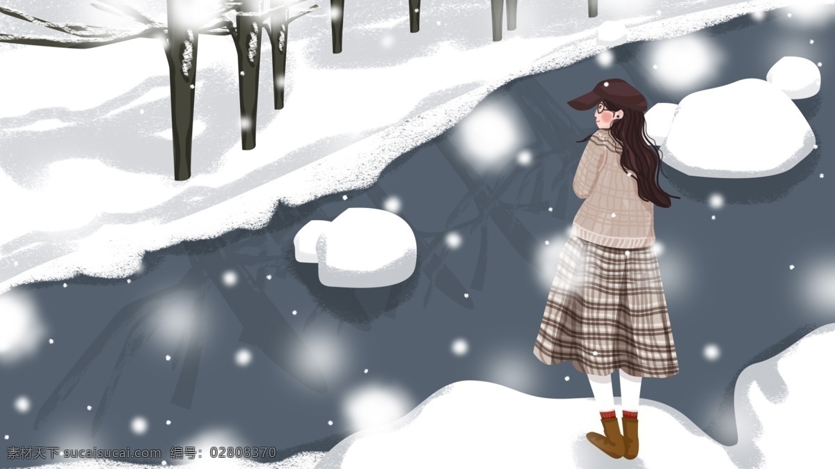 原创 月 你好 雪 中 女孩 卡通 插画 下雪 河流 雪地 冬季 1月