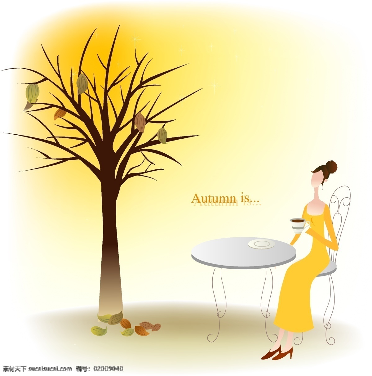 大树下 喝 咖啡 美女 大树 桌子 黄衣 白色