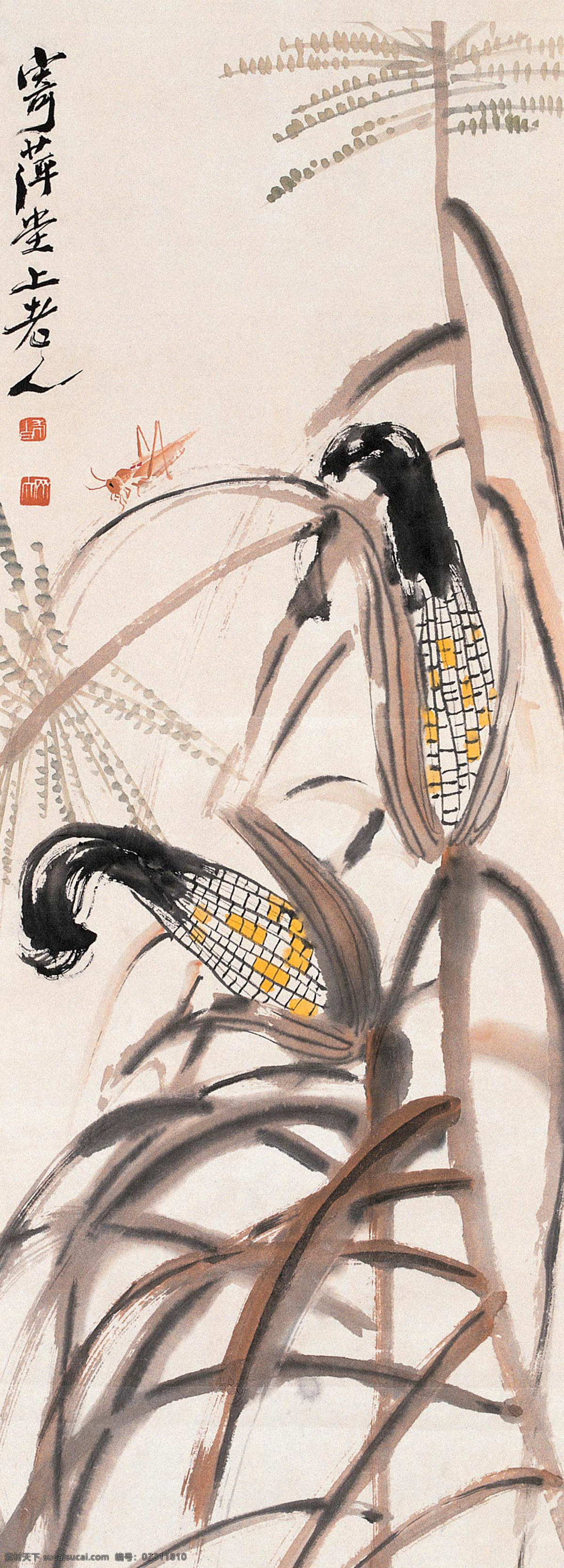 玉米昆虫 国画 齐白石 玉米 包谷 苞米 棒子 蚂蚱 文化艺术 绘画书法 五谷 果蔬