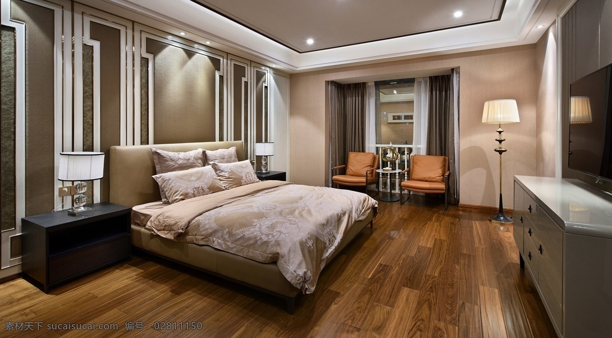 现代 时尚 感 卧室 白 褐色 背景 墙 室内装修 效果图 卧室装修 木地板 白色落地灯 白色电视柜