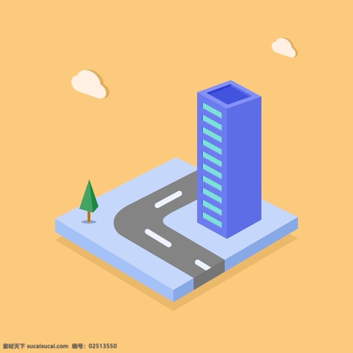 d 彩色 扁平化 大楼 小 场景 蓝色 云 公路 小场景 树 2.5d