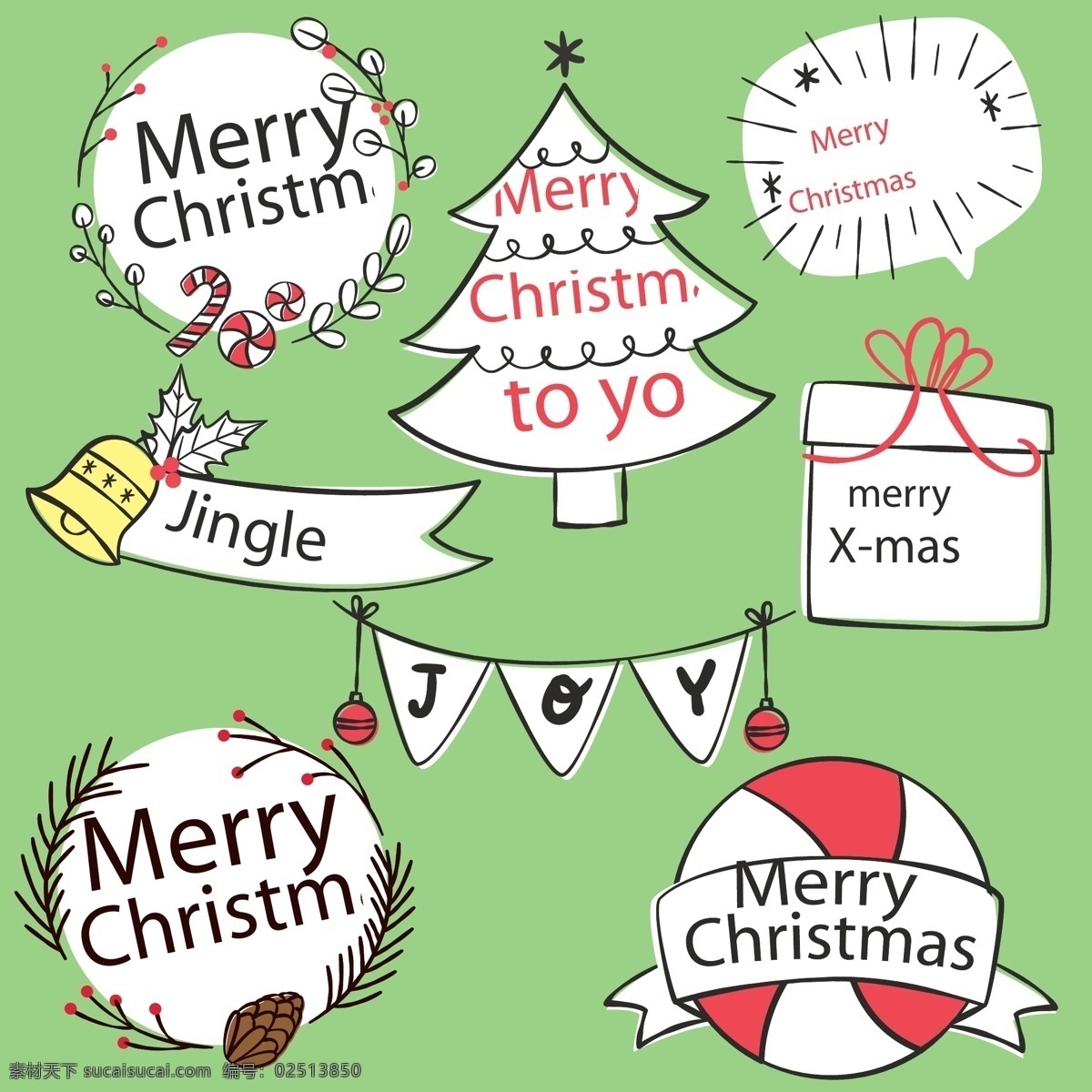 手绘 可爱 圣诞节 英文 标签 圣诞树 礼物 矢量素材 铃铛 彩旗