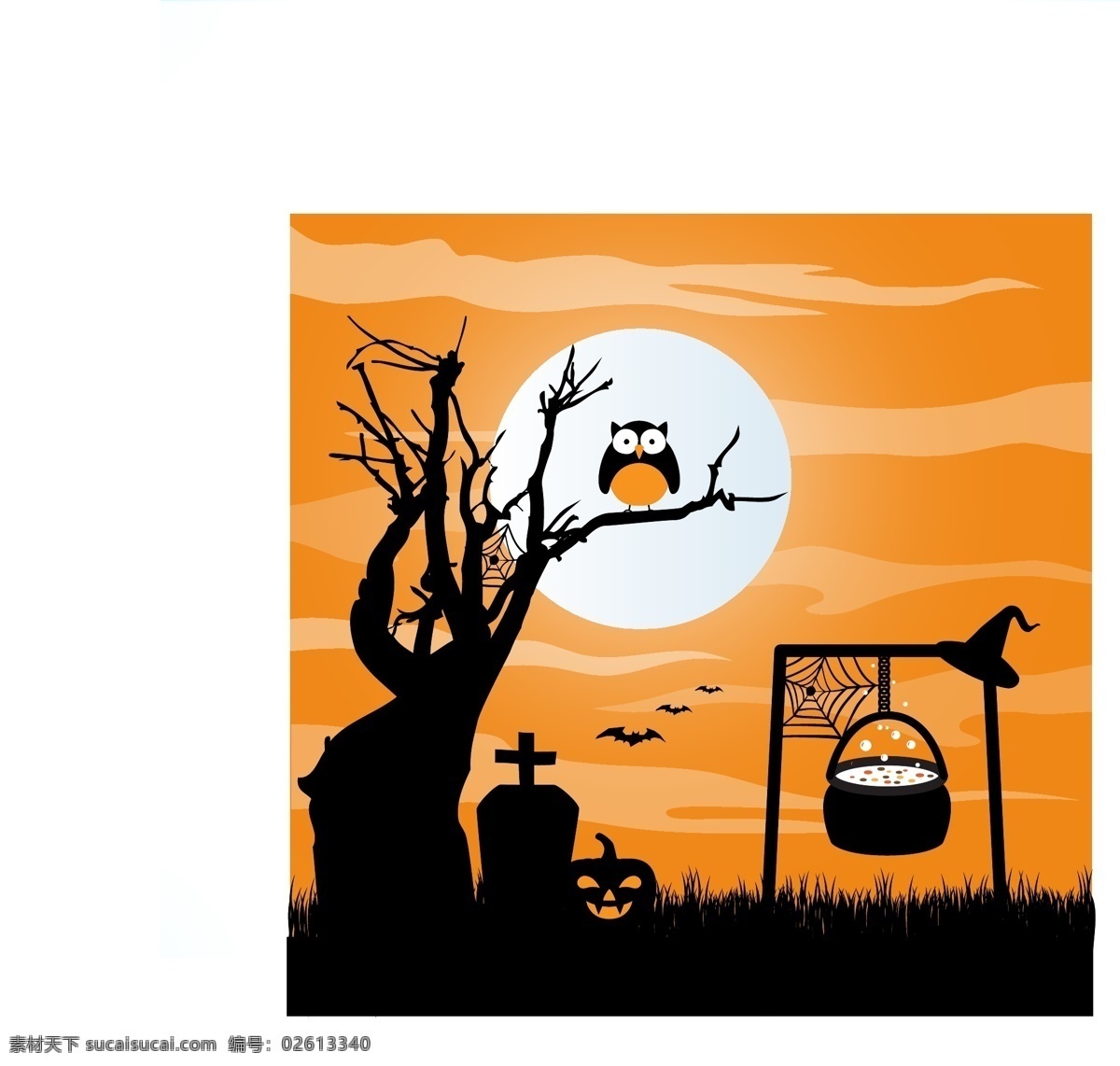 墓地 万圣节 背景 大锅 背景树 模板 猫头鹰 壁纸 剪影 装修 装饰 万圣节的背景 恐怖的巫婆 树的剪影 坟墓 蝙蝠 橙色