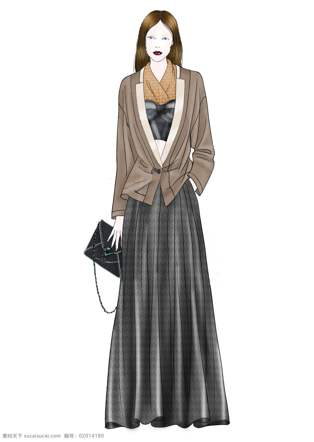 温婉 灰色 长裙 女装 服装 效果图 服装效果图 黑色包包 女士服装
