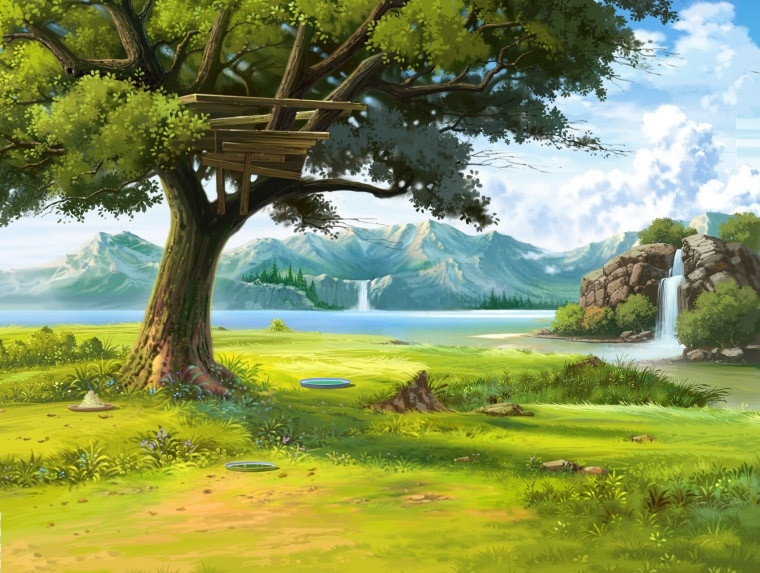 手绘 游戏场景 风景 风格 sns 游戏 唯美 大树 瀑布 草地 湖泊 分层 源文件