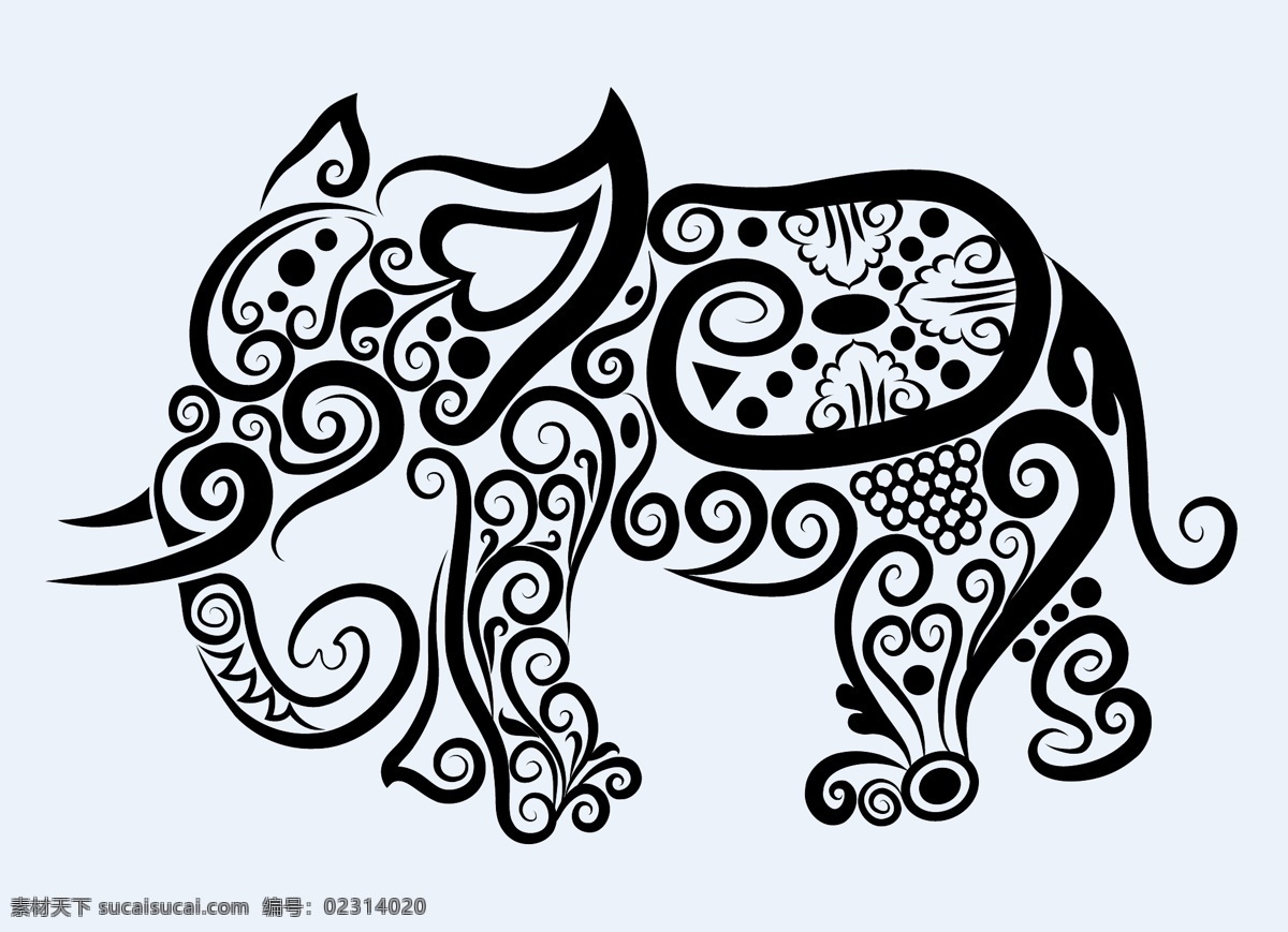 大象 剪影 刺青 动物 花纹 矢量素材 手绘 图案 图形 纹身 线稿 线条 矢量图 其他矢量图